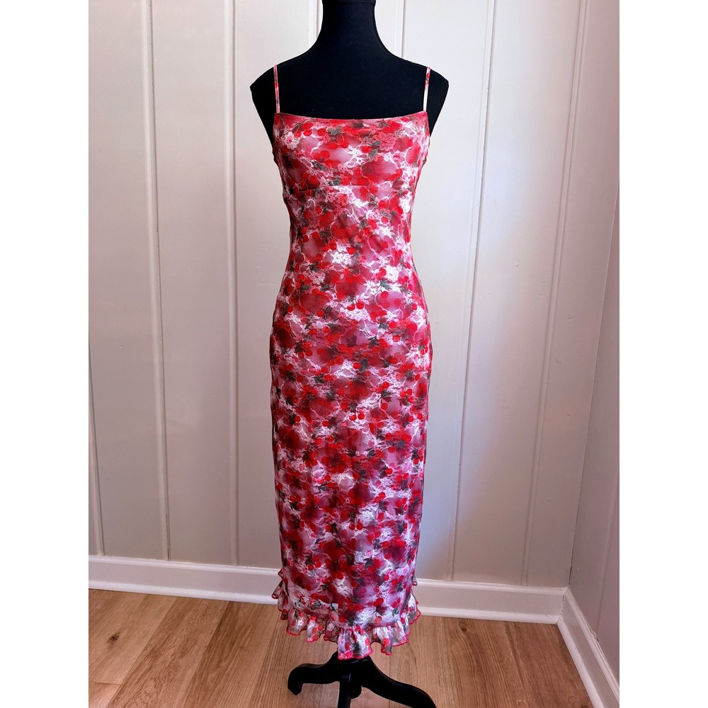 Motel Nawari Cherry Floral Lace Midi Dress Coquette Red XS